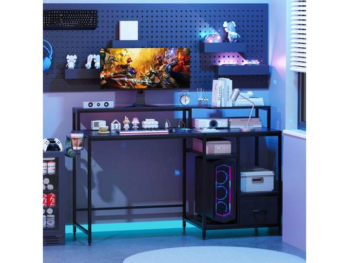 Bureau Gamer - VIVOLILV - Multifonctionnel - Prise Electrique - Porte -Gobele - Crochet pour Casque