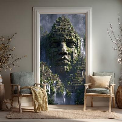 Antike Ruinen, Dschungelfantasie, riesiges Steingesicht, überwucherte Götterstatue, Maya-Aztekenpyramide, Tempel, Wasserfälle, Türbanner, Wandteppich, Heimdekoration, Haustürdekoration,