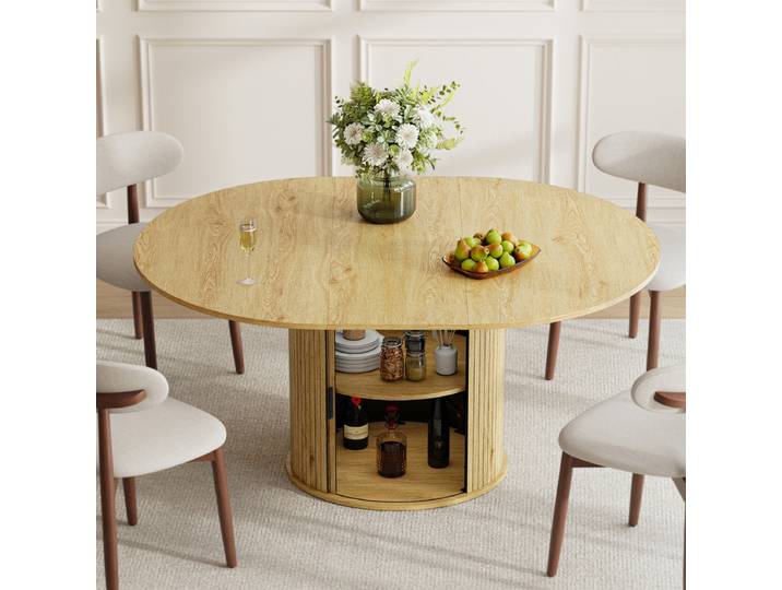 Table Extensible 6 Places En Bois Avec Rangement Intégré\, Plateau Rabattable Et Pied Design，naturel Clair