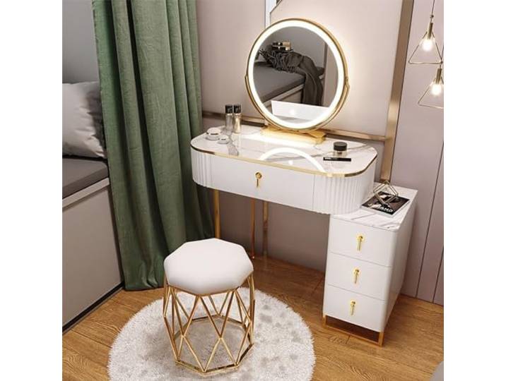 Schminktisch mit verstellbarer Helligkeit, Spiegel, gepolstertem Hocker und Beistellschrank, 70 cm langes Wohnmöbel-Schlafzimmer-Make-up-Schminktisch-Set white,70cm