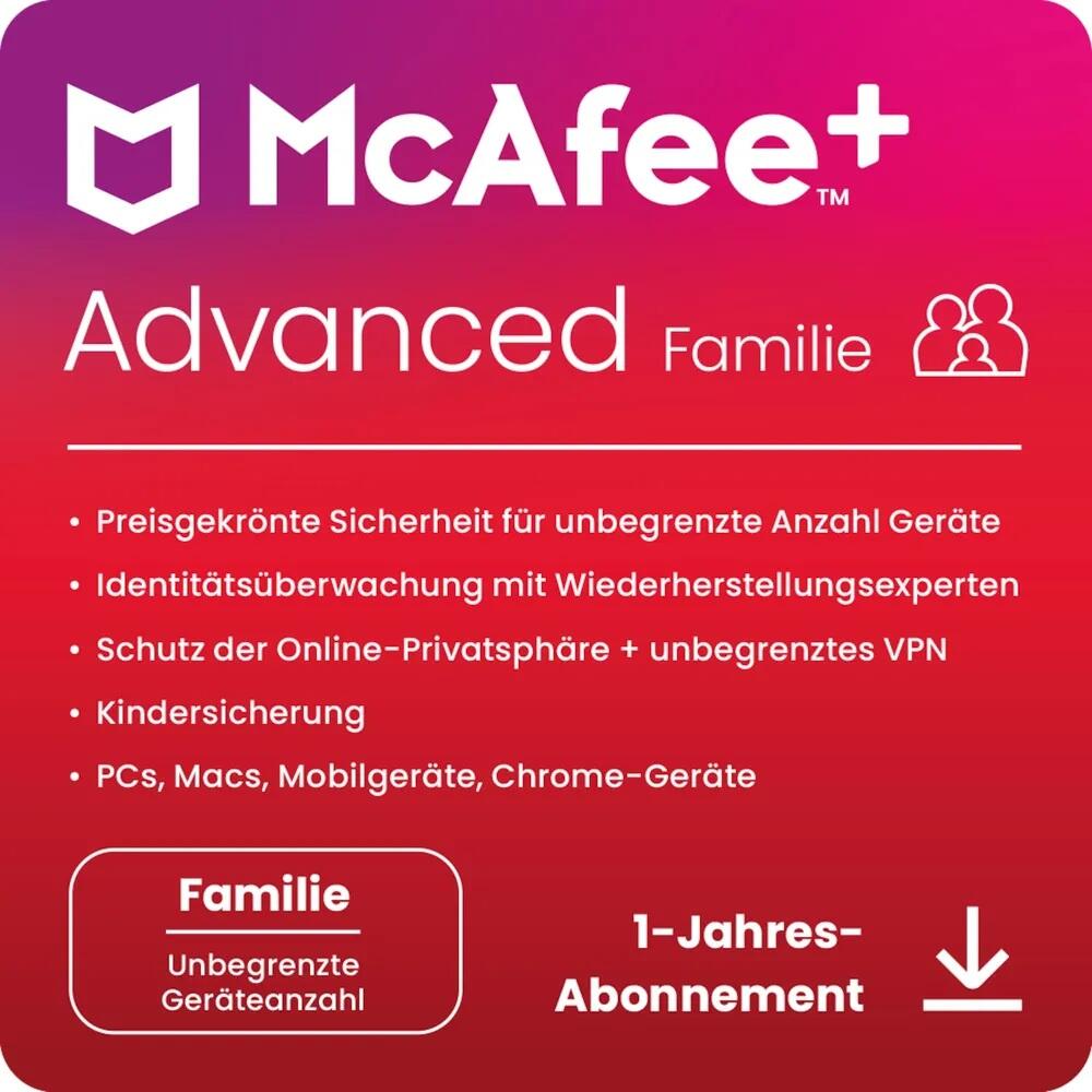 McAfee+ Advanced - Family - Abonnement-Lizenz (1 Jahr) - Download - Win, Mac, Android, iOS - Deutsch - R MPA31MNRURDACD