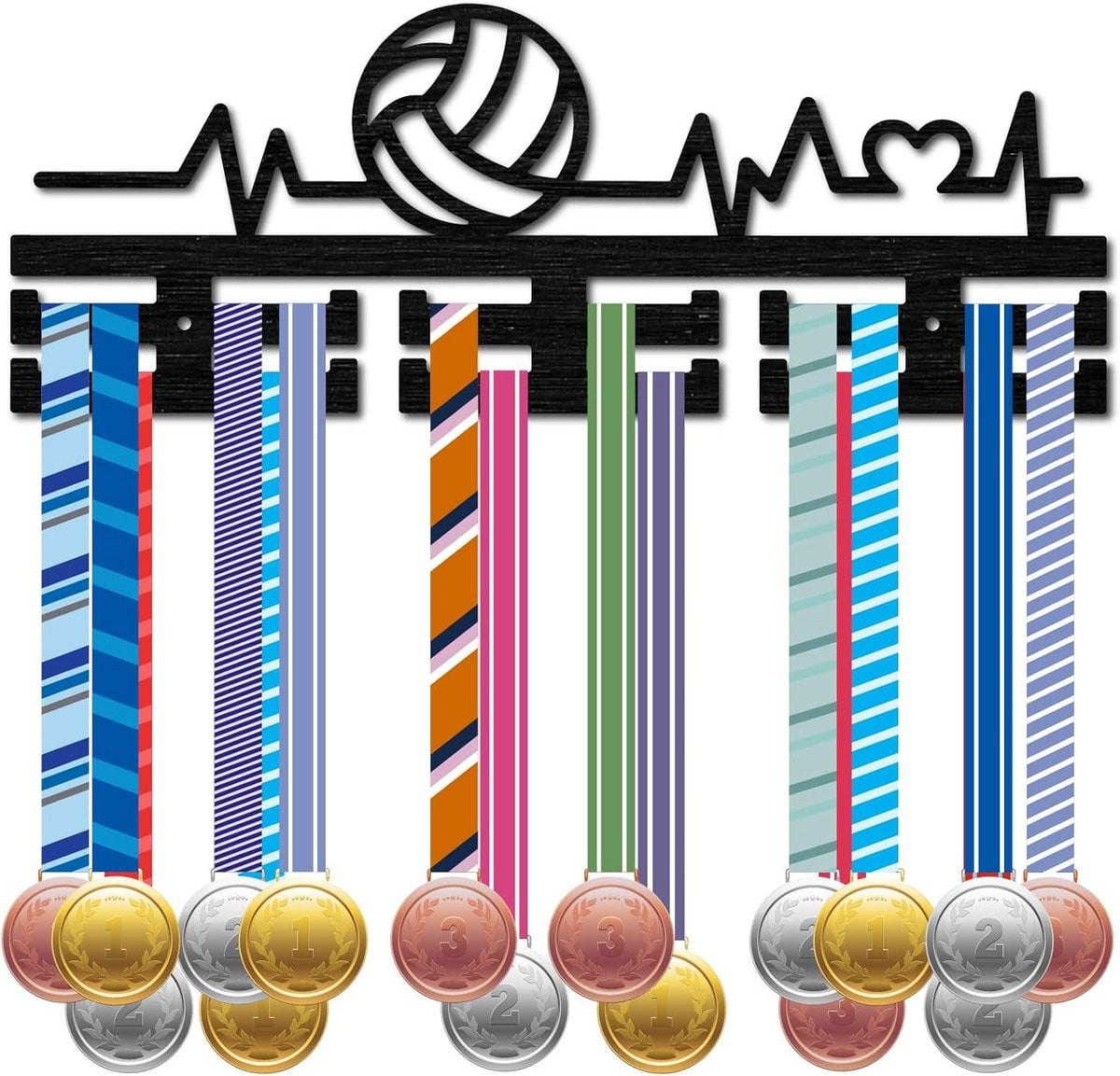Medaillehouder Hout - Medaillerek voor de Muur met Volleybal Thema Ontwerp - Zwart