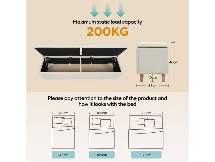 Bout de lit - ZEVKOR - Bout de lit 1 - Coffre de rangement hydraulique - Assise rembourrée tissu côtelé beige - 145 cm
