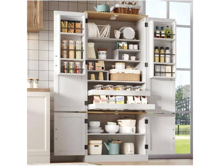 Colonne Cuisine Blanche 6 Portes Armoire Haute FloraGrace Pour Cuisine Et Salon Detecteur De Mouvement 80x40x180cm