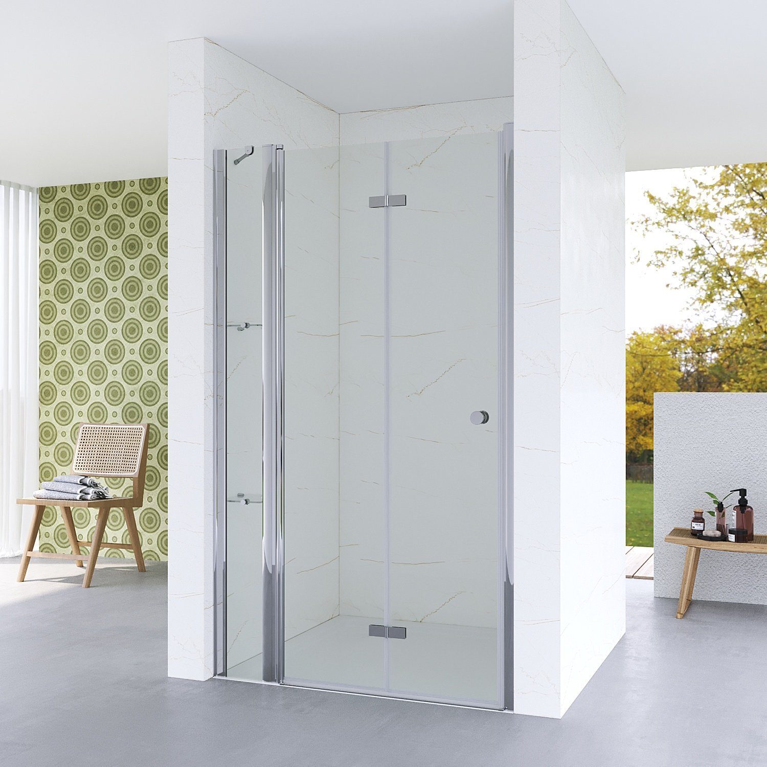 Nischentür Duschabtrennung Drehtür Falttür Drehfalttür Duschwand Duschkabine Glastür Dusche mit Festteil 120 x 187cm 5mm ESG Sicherheitsglas mit Duschablagen Barrierefreie Dusche