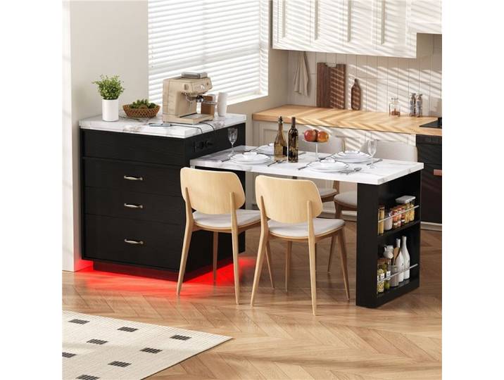 Îlot cuisine mobile extensible LED multiprise table bar buffet noir moderne rangement cuisine pratique