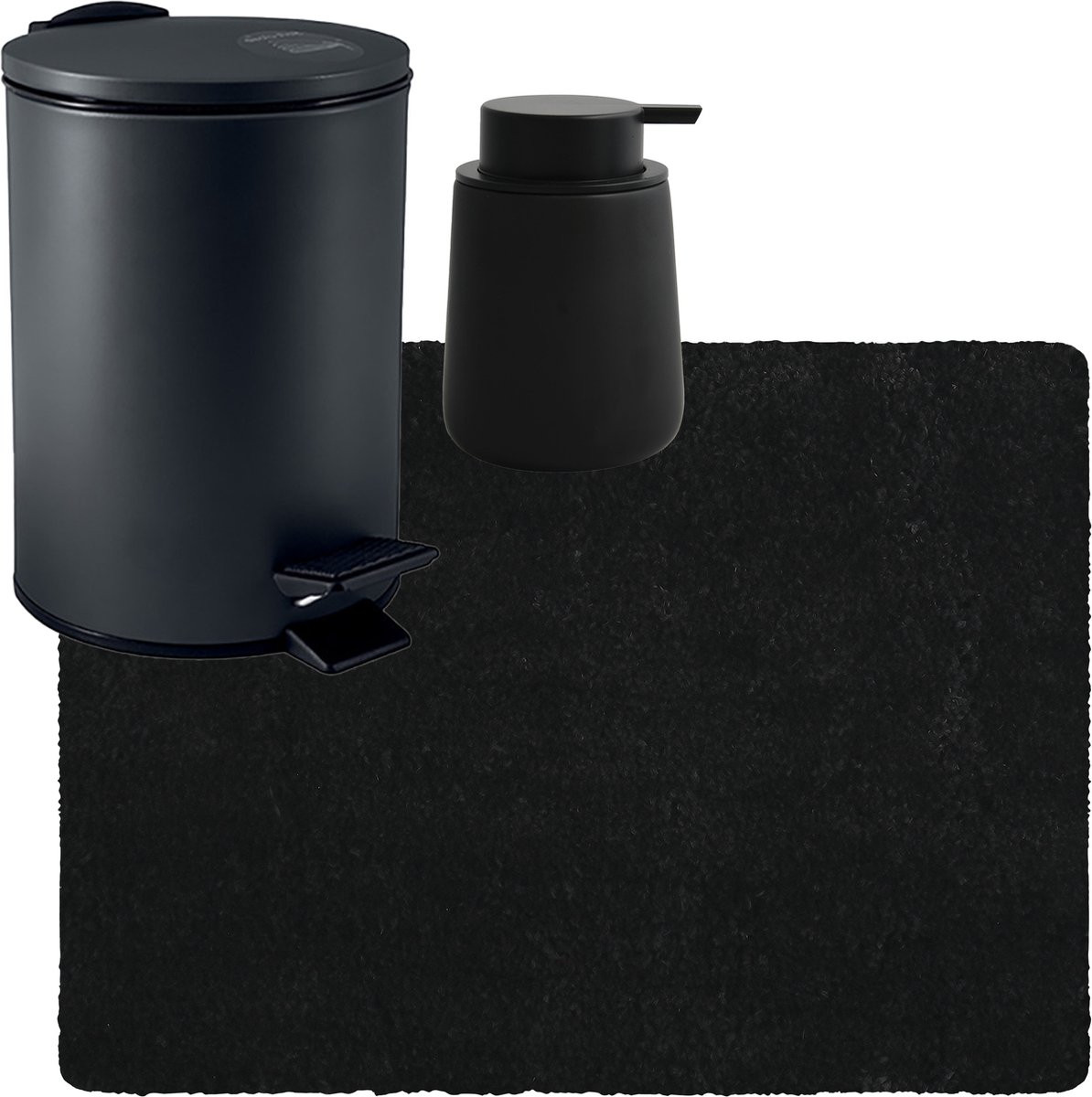 MSV Badkamer Set met Langharig Droogloop Tapijt, Pedaalemmer 3L en Zeeppompje 300 ml - Zwart - 50 x 70 cm