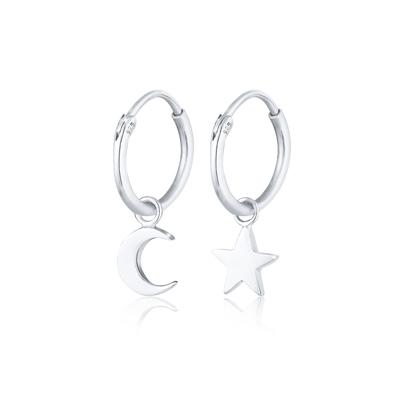 Paar Creolen ELLI "Ohrringe Creolen Sterne Mond Trend 925 Silber" Gr. 22, silber, Ohrringe, Damen, 22, ohne Stein, Silber 925 (Sterlingsilber)