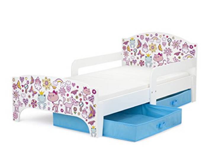 Leomark SMART Holz-Kinderbett 140x70 Pink Princess, Matratze, Schubladen Außenmaß 143x77,5x58 cm, 10 cm Schaummatratze, Schutzleisten, Metalllattenrost, 12 mm Möbelplatte, 2 Textilboxen, UV-Druck