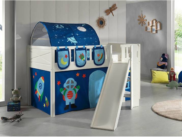 Spielbett mit Rutsche 90 x 200cm Weiß/Dunkelblau mit Taschen & Tunnel/mit Vorhang