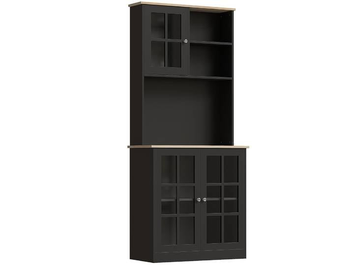 Buffet haut 3 portes vitrine verre 2 niches noir aspect chêne clair