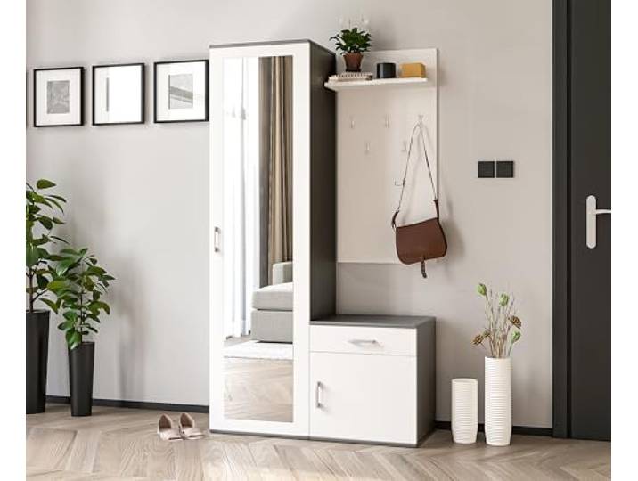AXLIVING Garderobe mit Spiegel Magnola – 100 cm Breit, Grau & Weiß Praktische Schublade (12 cm hoch). Zwei zusätzliche Ablagefächer (50 cm breit) – für noch mehr Stauraum. Kleiderstange.