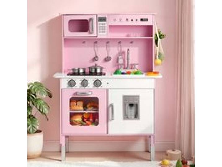 VEVOR Spielküche für Kinder, Kinderküche aus Holz mit Licht & Sound, Holzküche mit Herd Backofen Spüle Mikrowelle Eisspender & Getränkespender, Küchenspielzeug mit Kochset für Kinder ab 3 Jahren, Rosa