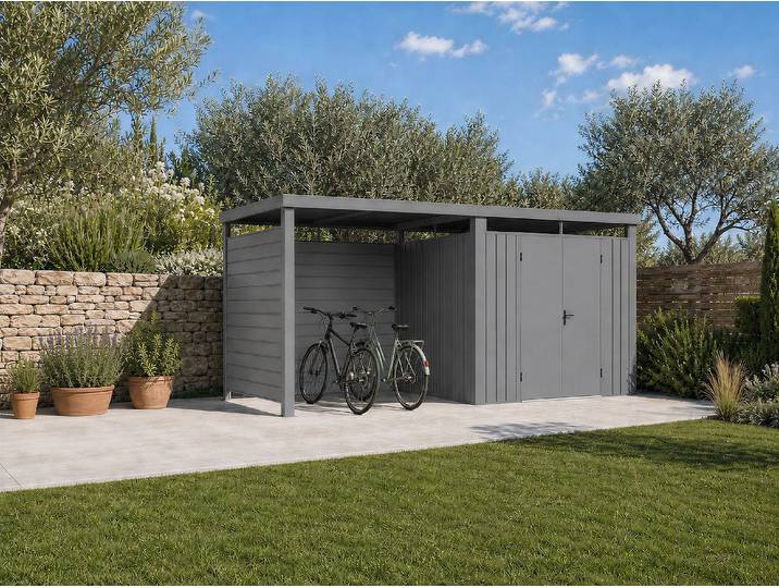 Anbaudach für Gartenhaus mit Lochblech-Seitenwand - 5,99 m² - D 0,35 mm - Grau - MERANO