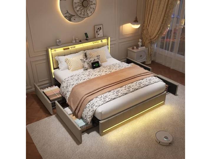 Polsterbett Doppelbett 180x200 cm, Stauraumbett mit 4 Schubladen, Bett 180x200 mit Bettkasten und Lattenrost, LED Kopfteil mit USB Ladestation, Jugendbett Funktionsbett Rückenlehne Bett, Leinen