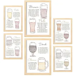 POSTER Set Mit 6 Biersorten Weiß Vollfarbige Illustrationen Von Kaffee & Getränken Im Werbetafel Illustrationen A3 & A4 Rahmen Aus Hellem Holz