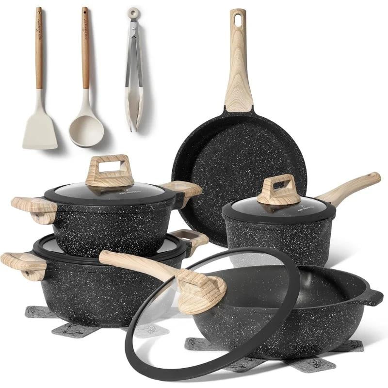 Just Perfecto 14-delige inductie pannenset met keramische granietcoating en keukengerei - Zwart
