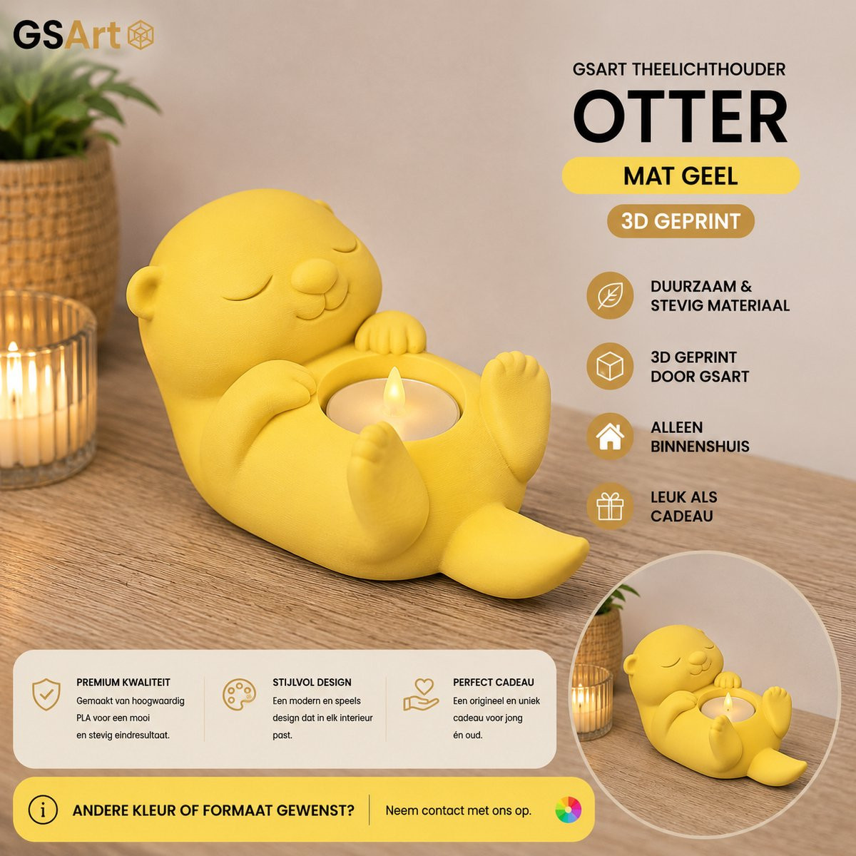 GSArt Theelichthouder Otter – Decoratieve Otter met LED Theelichtje – Mat Geel