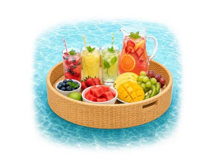 Relaxdays Schwimmendes Tablett, natur 2 in 1 Pooltablett für Getränke & Snacks, HD: ca. 20x60 cm, Rattan, unsinkbar