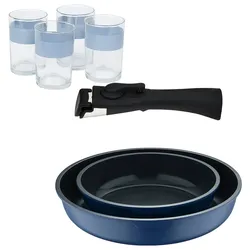 BERGNER - Set mit 2 Bratpfannen Ø22/26cm aus Aluminiumguss, blau, mit abnehmbarem Griff mit 4er-Set Gläser 0,5 L NOIA