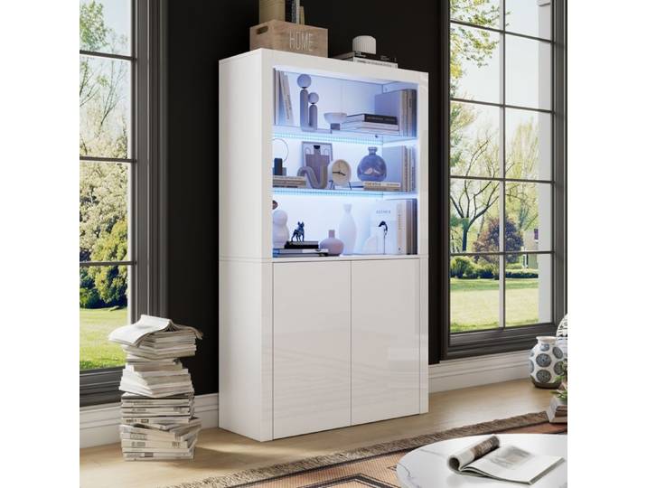 LPOSPI Buffet cuisine haut meuble rangement LED étagères verre trempé brillant blanc 100x35x170 cm