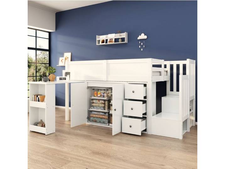 Lit enfant mezzanine 90x200 avec bureau rangements escalier et MDF blanc EVRYAE