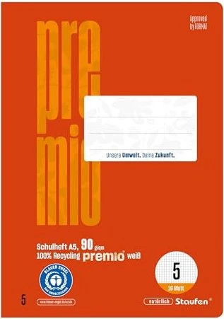 Staufen Schulheft Premio Lineatur 5 kariert A5 ohne Rand, 16 Blatt