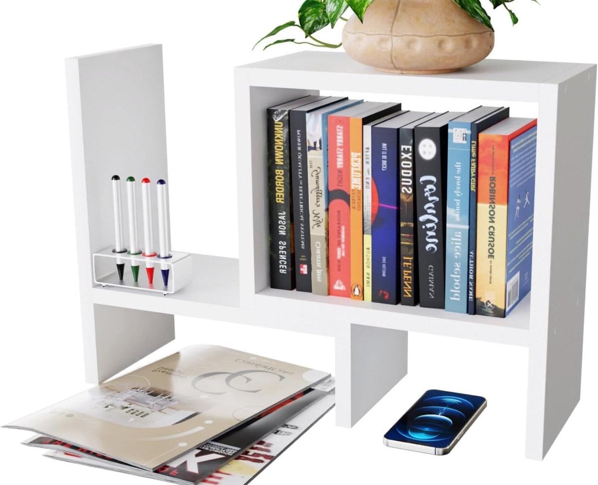 Verstelbare Boekenplank met Desktop Organiser - Wit Vrijstaande Boekenkast voor Bureau, Keuken of Kinderkamer