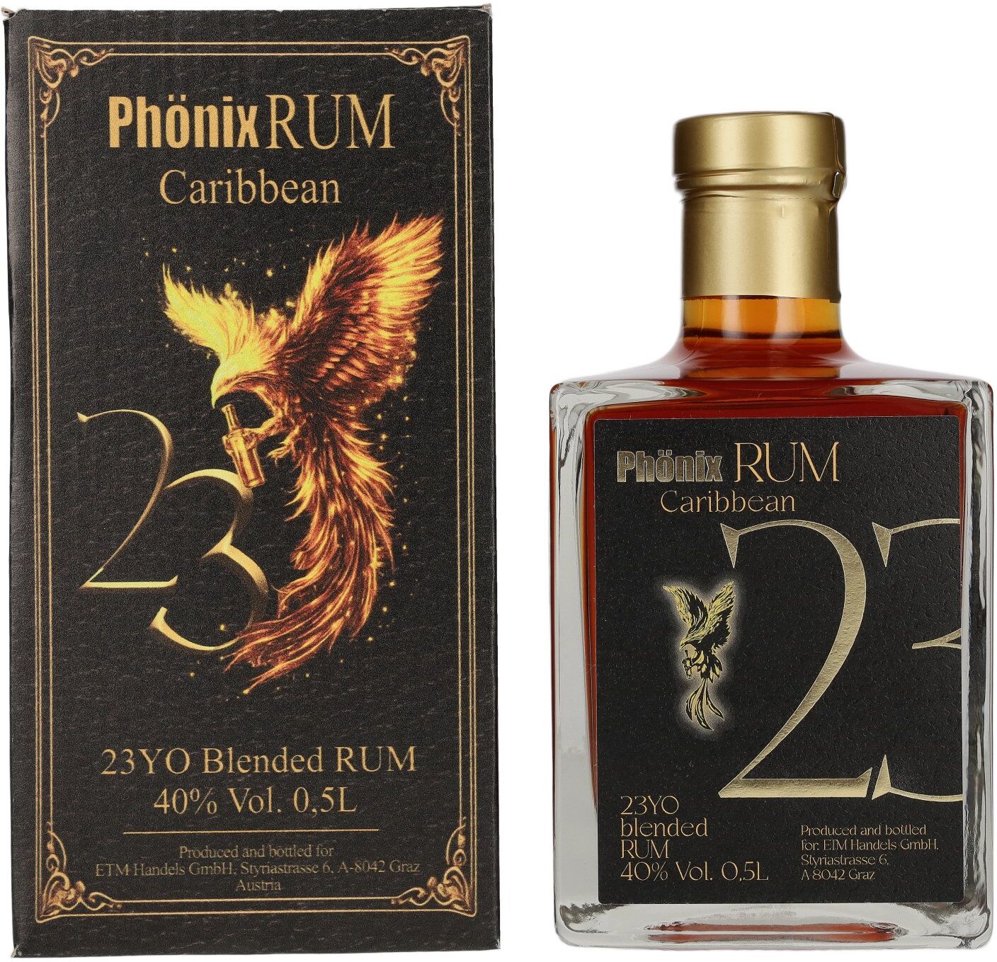 Phönix 23 Years Old Blended Caribbean Rum Black Design 40% Vol. 0,5l in Geschenkbox