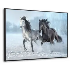 LEINWAND Bilder mit Rahmen - Pferde - Winter - Tiere - Natur - Schnee - 140x90