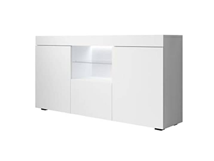 MB Muebles Bonitos Sideboard Wohzimmer Esszimmer Schrank Möbel Breite 135 x Höhe 73 x Tiefe 34 cm Mattes Melamin 3 Türen LED-Beleuchtung Weiss Modell Sefora