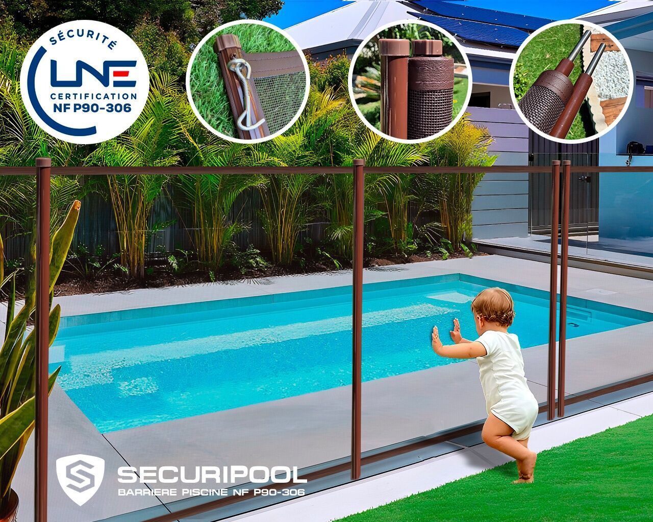Barrière piscine démontable SECURIPOOL Marron Chocolat 2m fixations 16mm