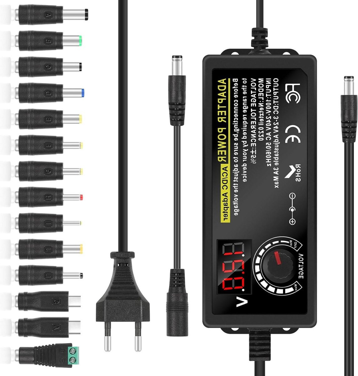 Universele Instelbare Voedingsadapter met Digitaal Display - AC/DC Adapter 3V-24V 3A 72W - Zwart - Inclusief 14 Connectoren