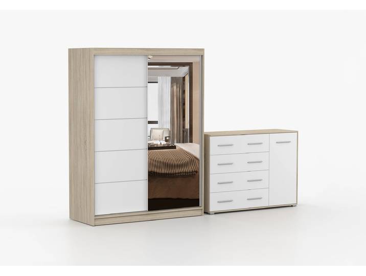 Schwebetürenschrank und Kommode 2-er Set VISTA 05/FRIDA 02 Sonoma Eiche Weiß + Spiegel Ohne LED-Beleuchtung