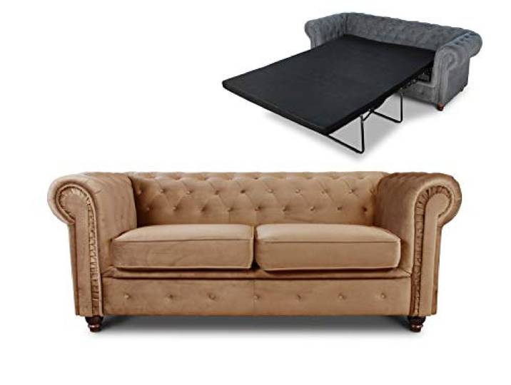 Sofnet - Schlafsofa Chesterfield Asti Bis 2-Sitzer (Beige, Velvet 28) Bettsofa, Sofa mit Schlaffunktion, 2-Sitzer, Couch, Bettfunktion, Veloursstoff, Holzfüße, Chesterfield Stil