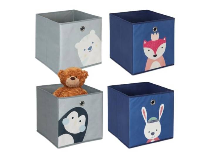 Relaxdays Lot 4 boîtes de rangement\, chambre d’enfant\, motif dessins\, caisses pliables\, HxLxP : 30x30x30 cm\, multicolore