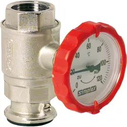 Pumpenkugelhahn mit SKB Typ S integrierter Thermometer Ø 63 mm rund 11/4" in Rot