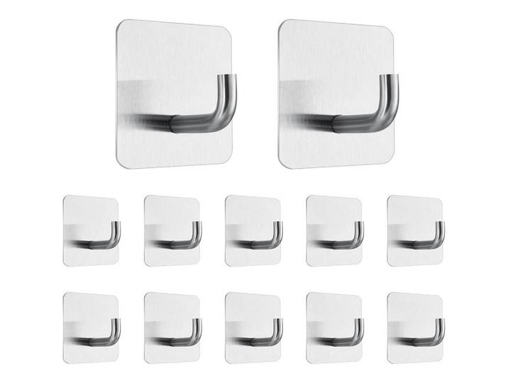 Haken 12-teiliges Set Edelstahl Quadrat, Silberfarben, Metall, 4.5x1.5x4.5 cm, Badaccessoires, Haken