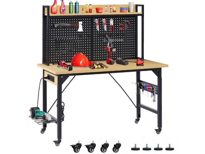 Banc de travail réglable de 48 pouces avec mur perforé, banc de travail robuste en bois avec roulettes, crochet, étagère pour garage, atelier, bureau, maison