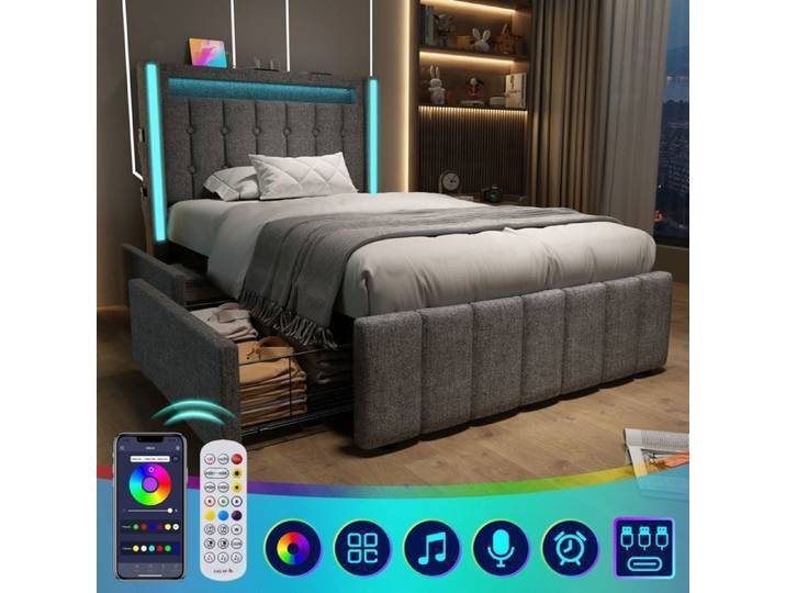 Lit Tapissé LED et 2 Tiroirs Lits Jeunes 90x200 cm Lit Simple Lits de Rangement Sommier à lattes en bois Gris