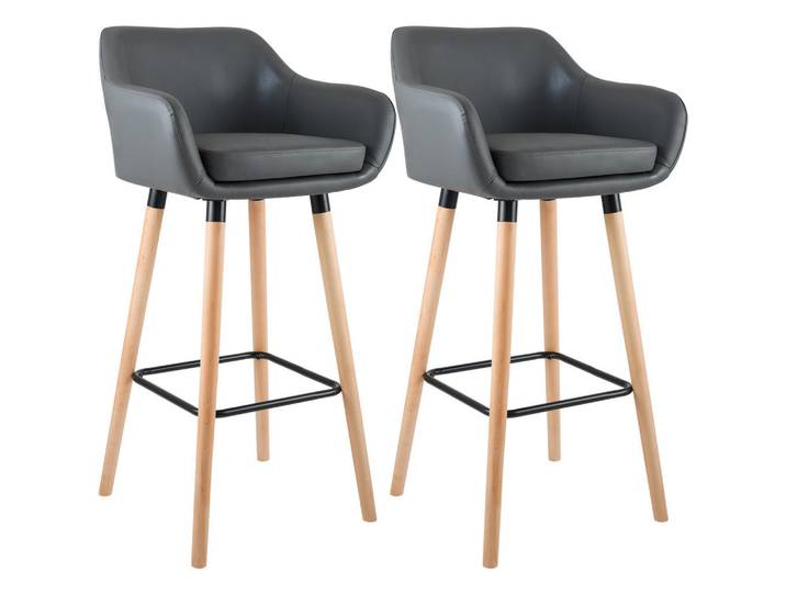 CLP Barhocker 2er Set Lederlook Grau, Holz, 55x99x46 cm, Esszimmer, Barmöbel, Barhocker