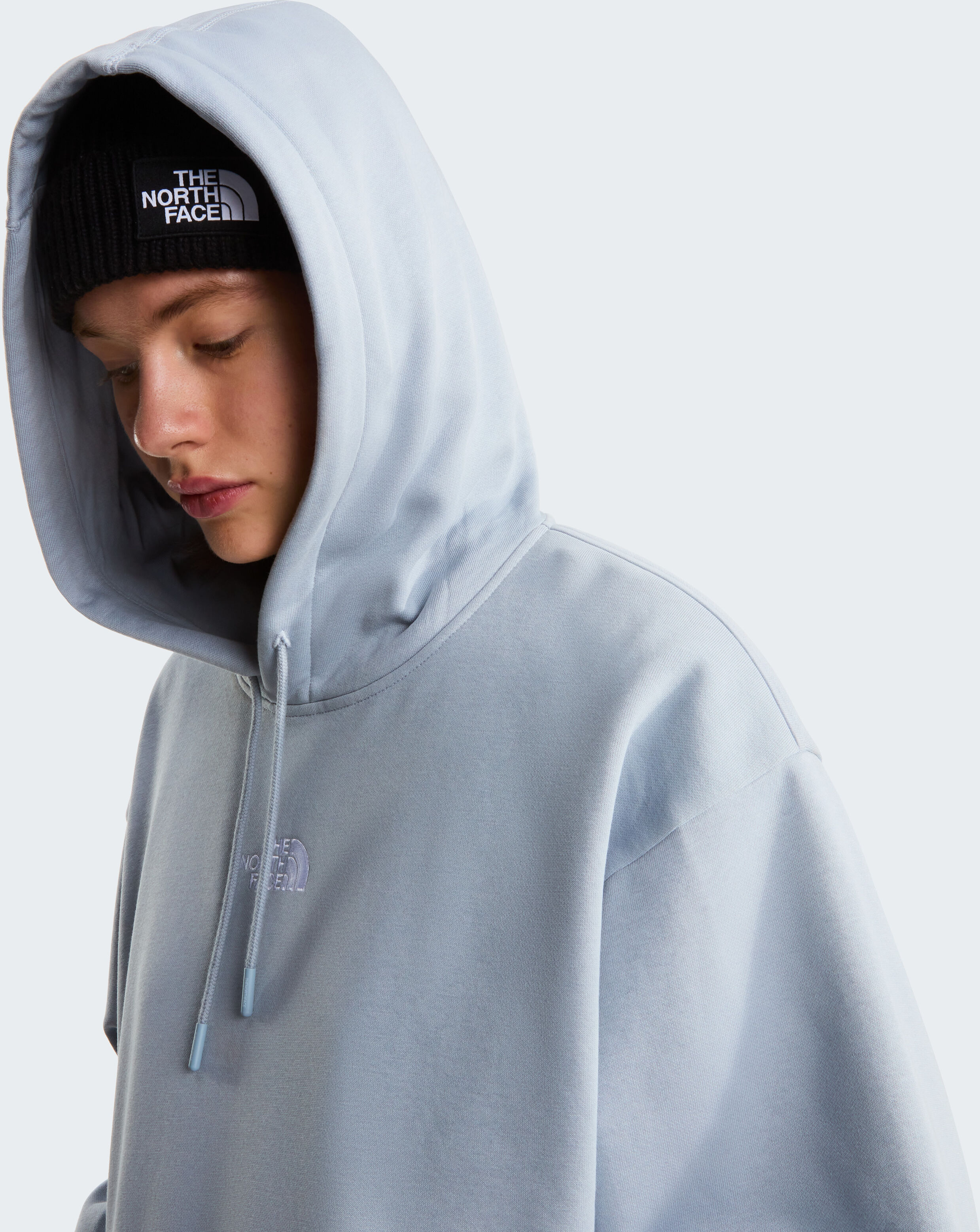 Kapuzensweatshirt THE NORTH FACE "W ESSENTIAL OVERSIZE HOODIE", Damen, Gr. XXL, blau (frost grau), Obermaterial: 80% Baumwolle, 20% Polyester, oversize, Sweatshirts, Oversized Passform