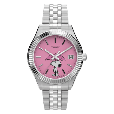 Quarzuhr TIMEX "TMEX x PEANUTS TIMEX LEGACY", pink (silberfarben, rosa), Armbanduhren, Damen, silberfarben, Quarzuhr, Armbanduhr, Damenuhr, Edelstahlarmband, analog, Tag