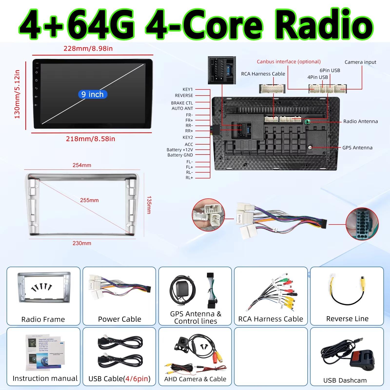 Autoradio - Toyota Avensis T25 2002-2008 - 4 GB RAM/64 GB Speicher - 22,9-cm-Touchscreen - Android 15 - Kabelloses Apple CarPlay und Android Auto - AHD-DVR