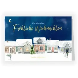 Weihnachtskarte: Weihnachtliches Winterdorf mit Foto in Blau