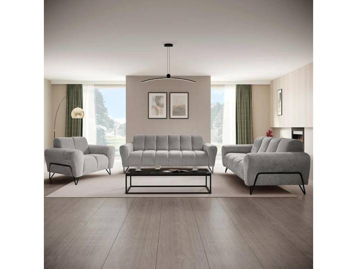 Polsterset VOLARE - Moderner Sitzgarnitur - Sessel + Sofa 2-Sitzer & 3-Sitzer - Chenille Storm in Dunkelgrau, dekorative schwarze Metallbeine