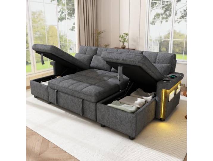 BTM U Form Schlafsofa mit 2 Stauraum Chaiselongues Grau LED-Beleuchtung, Verstellbare Rückenlehne, Getränkehalter, Seitentasche, Chenille