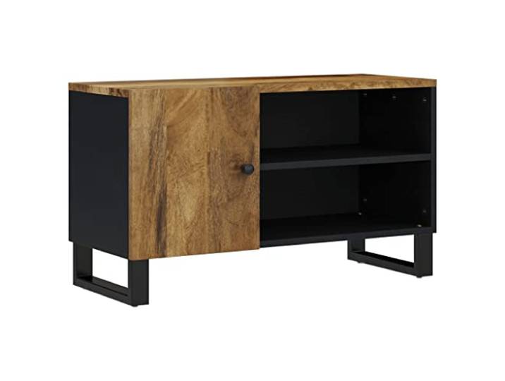 GHVBNMF TV-Schrank 80x33x46 cm Massivholz Mango Lowboard Fernsehtisch Kompaktes Mediencenter fürs Wohnzimmer: Kombination aus Mangoholz und Eisen mit 2 offenen Fächern sowie einer Tür.