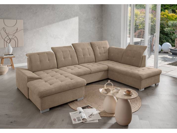 Wohnlandschaft mit Schlaffunktion Braun Webstoff Jimin 330 x 105 x 212cm Longchair davorstehend links / Ottomane rechts mit Schlaffunktion