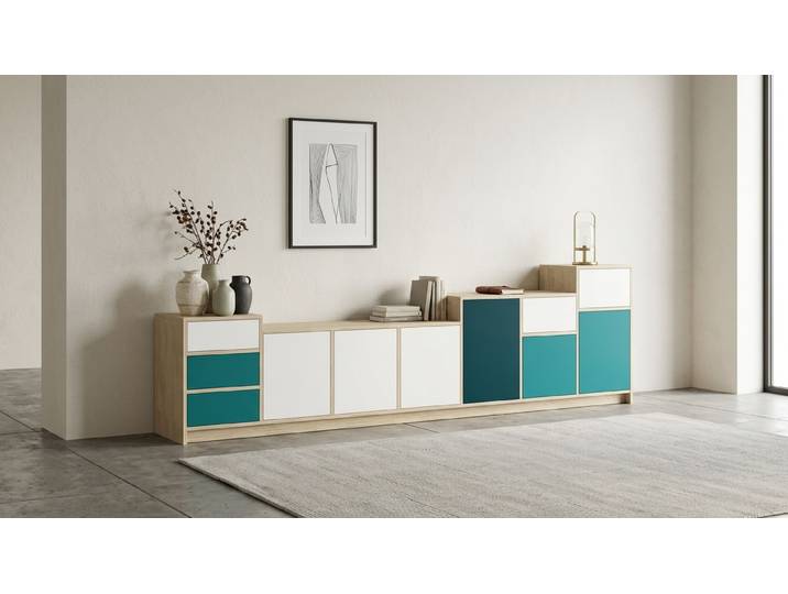 Sideboard mit bunten Türen - TV-Kommode wie vom Tischler Eiche Weiß geölt